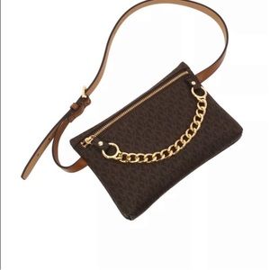 Embrace a chic, modern look with a MK belt bag with logo print & polished chain.